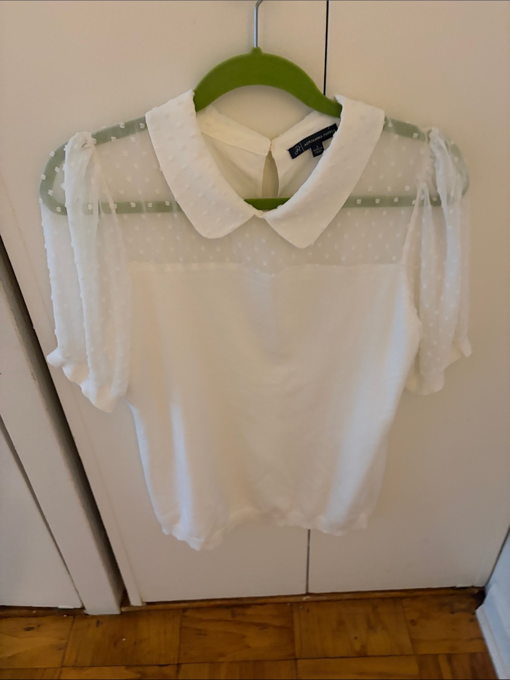 Adrianna Papell White Peter Collar Swiss Dot Puff Sleeve Blouse